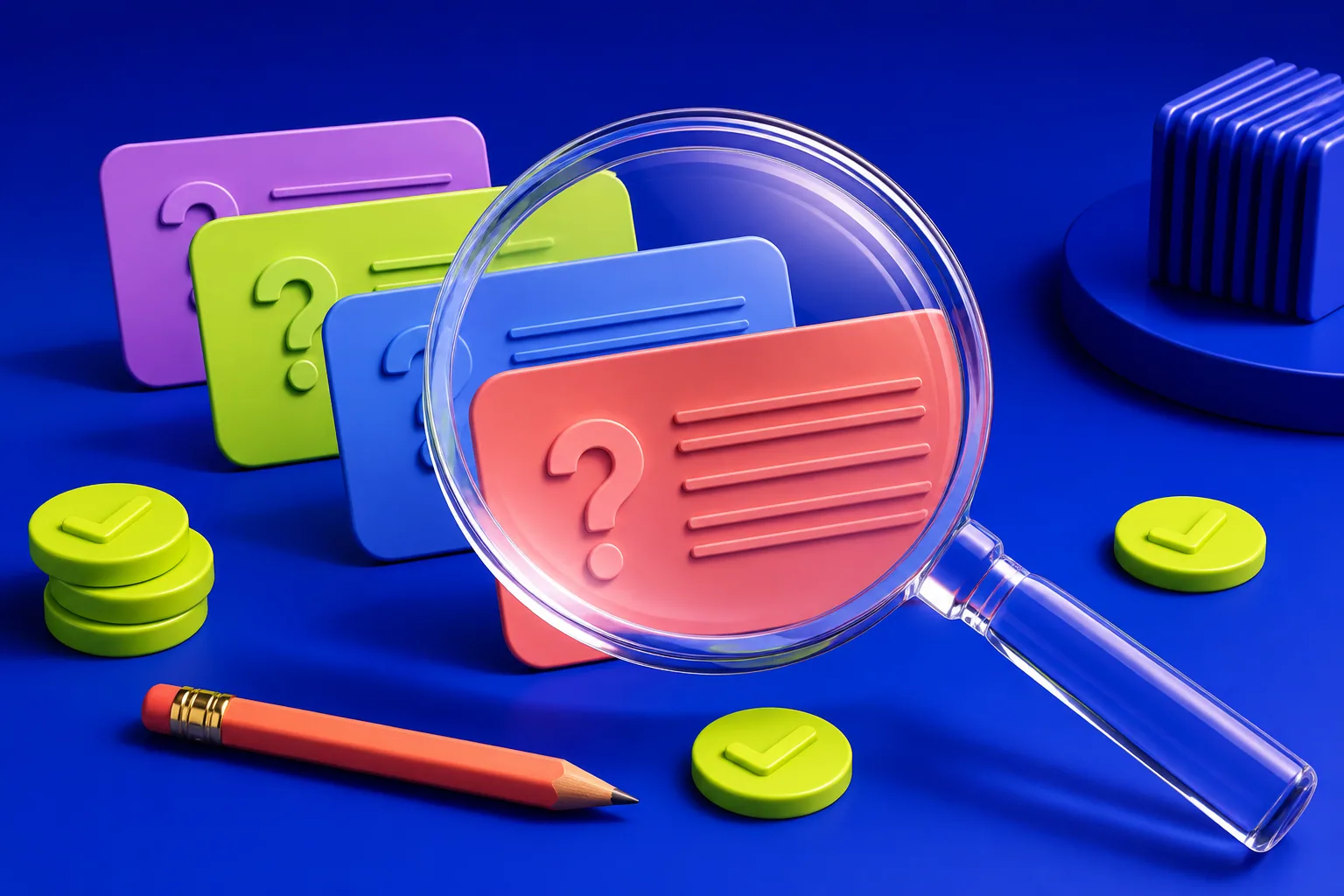 Увеличительное стекло проверяет цветные карточки FAQ